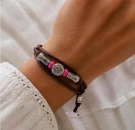 Boho Leather Wrap Bracelet for Men or Women, Brown Cord Bracelet with Pink Beads, Adjustable Rustic Jewelry, Minimalist Stackable Gift