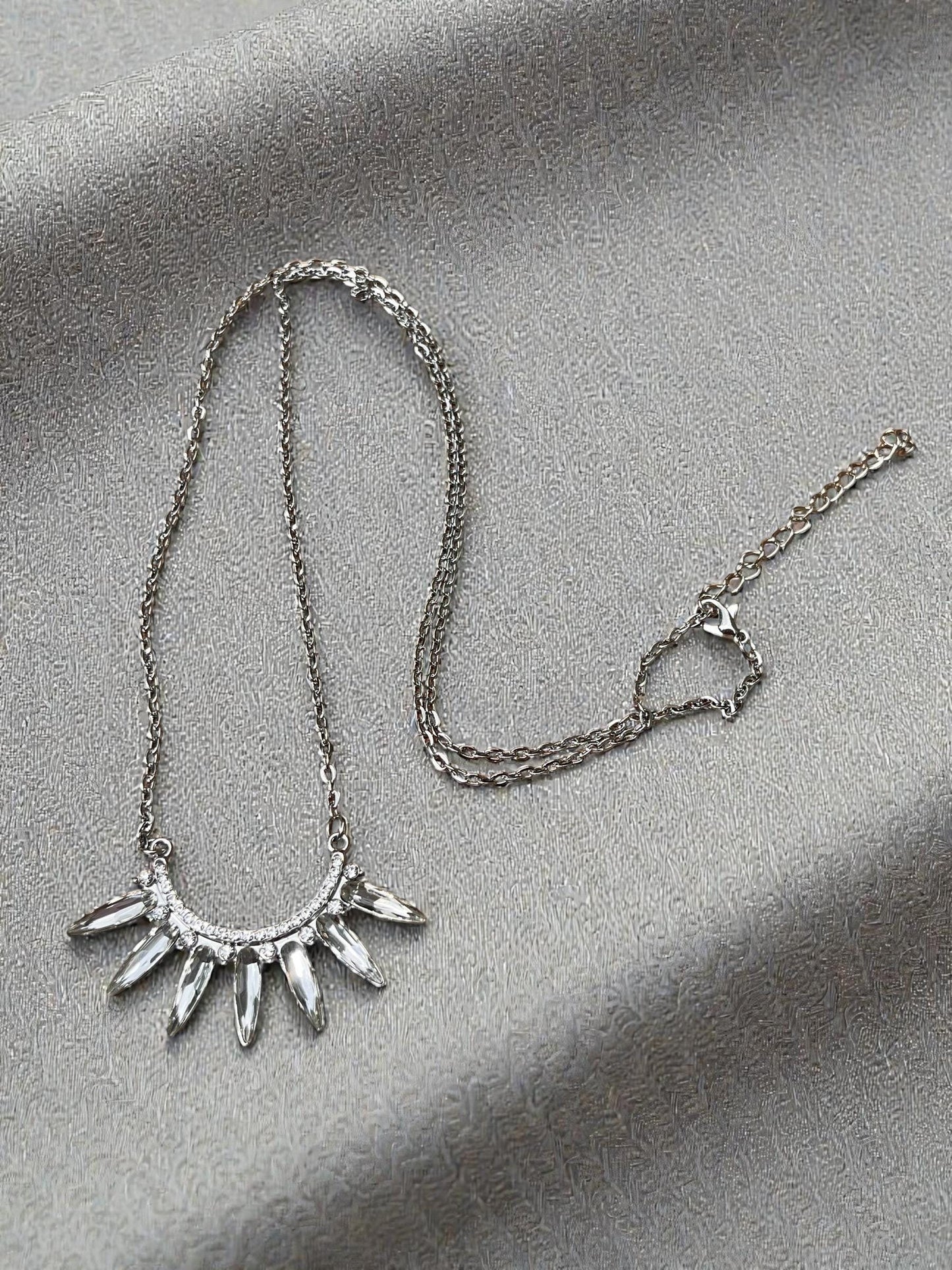 Silver Sunburst Crystal Spike Necklace, Bohemian Statement Jewelry