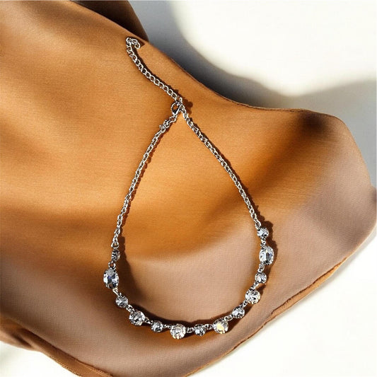 Silver Crystal Station Necklace, Elegant Bridal Wedding Jewelry