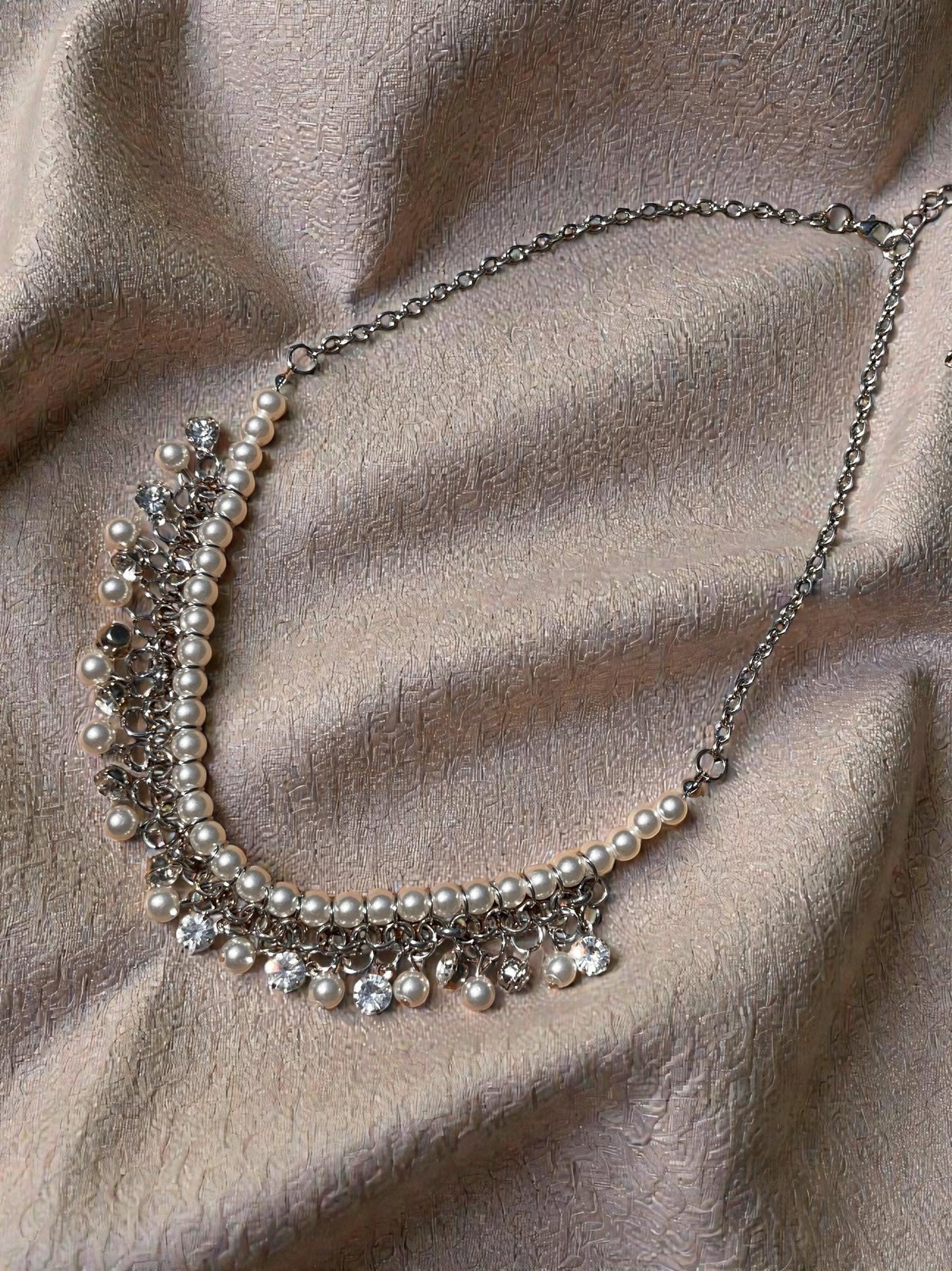 Pearl Bridal Jewelry Set, Necklace Earrings Bracelet, Rhinestone Elegant Wedding Accessory