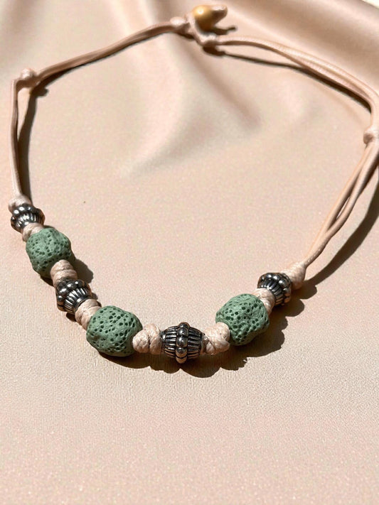 Sage Green Beaded Cord Necklace | Adjustable Boho Necklace | Minimalist Earth Tone Jewelry | Coastal Artisan Necklace