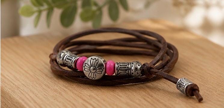 Boho Leather Wrap Bracelet for Men or Women, Brown Cord Bracelet with Pink Beads, Adjustable Rustic Jewelry, Minimalist Stackable Gift