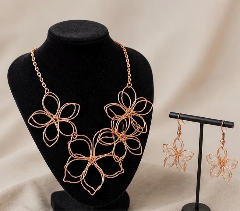 Boho Copper Wire Flower Necklace and Earrings Set | Sculptural Statement Collar Jewelry