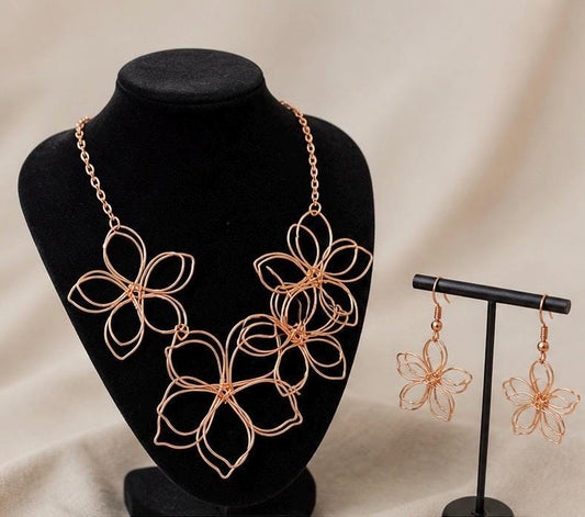 Boho Copper Wire Flower Necklace and Earrings Set | Sculptural Statement Collar Jewelry