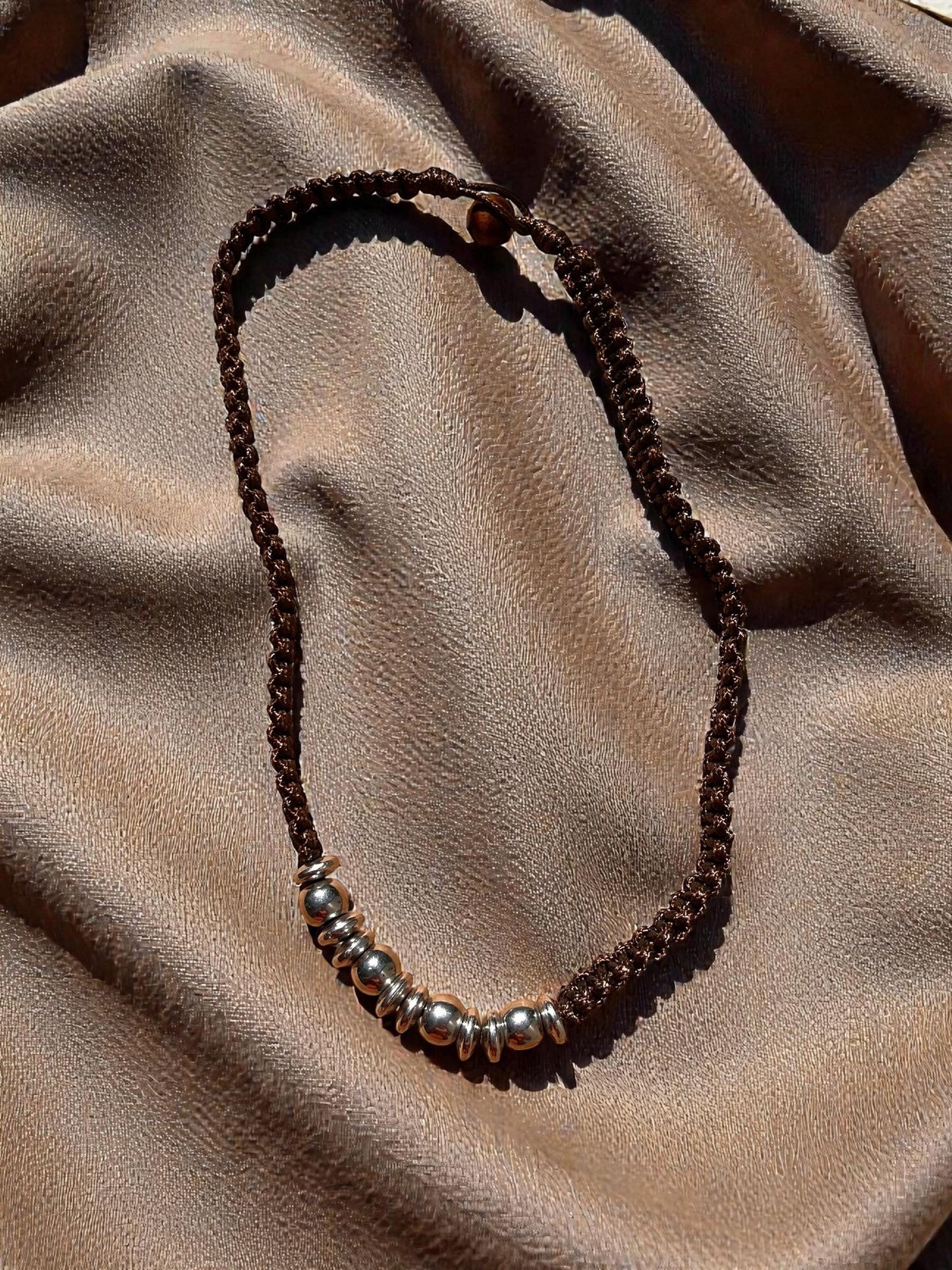 Brown Braided Cord Necklace | Silver Bead Boho Necklace | Minimalist Unisex Jewelry | Rustic  Cord Necklace