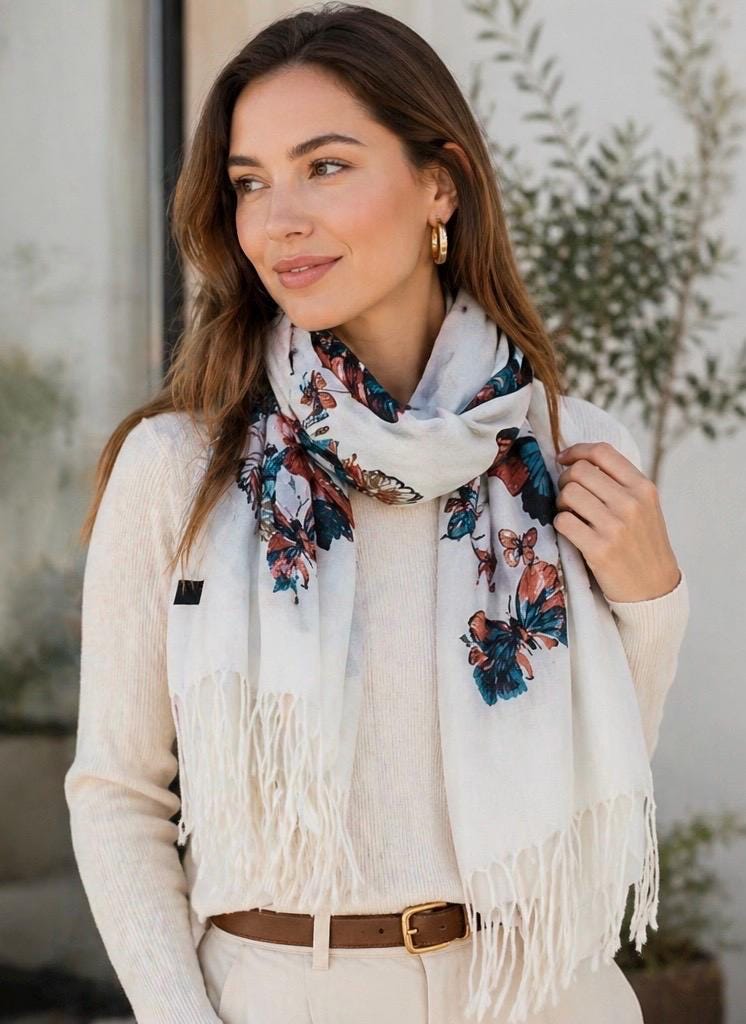 Butterfly Print Scarf, XL Pashmina Shawl Wrap, Lightweight Spring Scarf, Floral Boho Wrap, Gift for Her, Soft Fringe Scarf