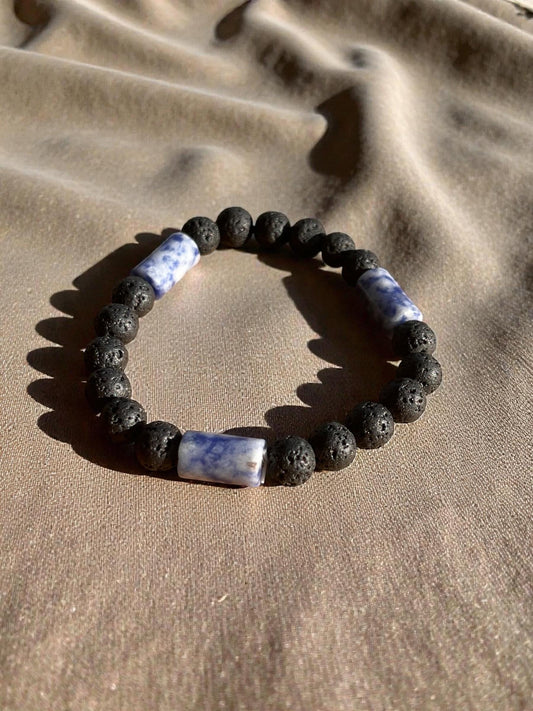 Black Lava Stone Bracelet with Blue Sodalite Style Beads, Men’s Stretch Bracelet, Unisex Minimalist Jewelry, Grounding Stone Gift