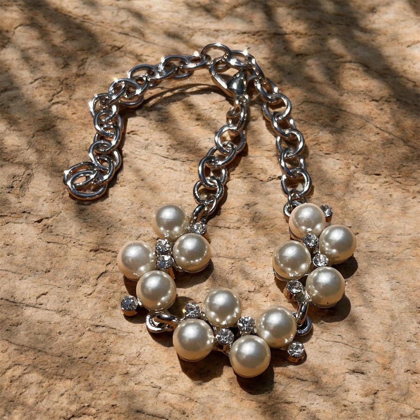 Pearl Bridal Jewelry Set, Necklace  Bracelet, Rhinestone Accents, Silver Tone