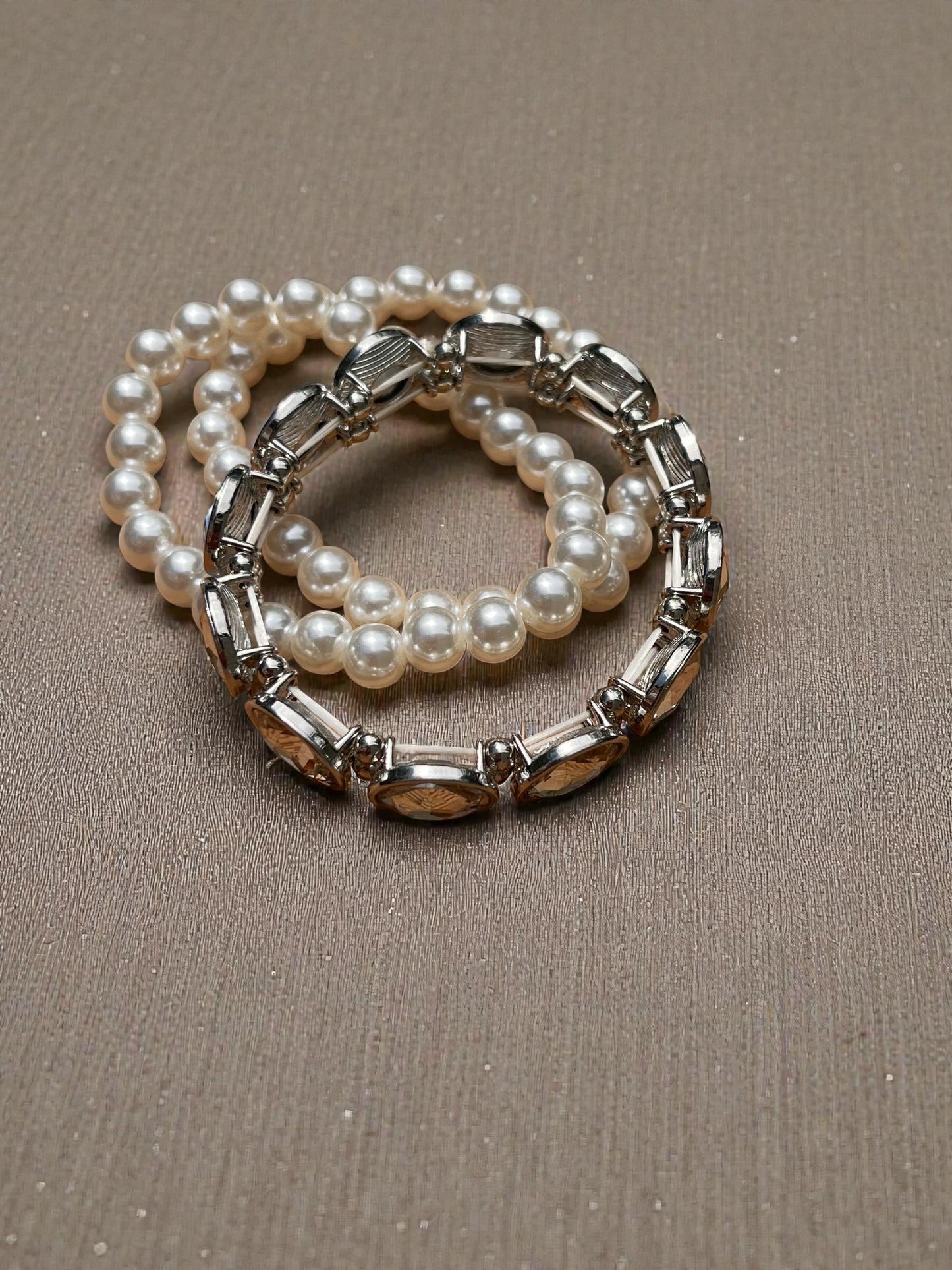 Pearl Bracelet Set with Rhinestones | Bridal Jewelry Set | Elegant White Beaded Stretch Bracelets | Wedding Jewelry | Classic Glam