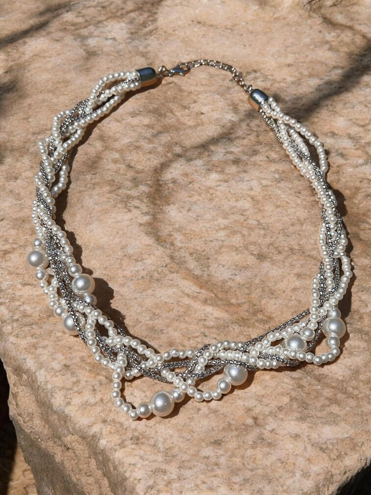 Ivory Pearl Jewelry Set, Bridal Necklace Bracelet Earrings, Woven Statement Set