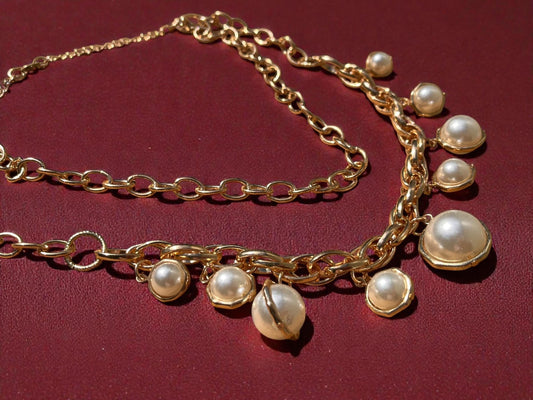 Gold Pearl Statement Necklace | Chunky Layered Chain Necklace | Vintage Inspired Jewelry | Glam Pearl Necklace | Bold Feminine Jewelry