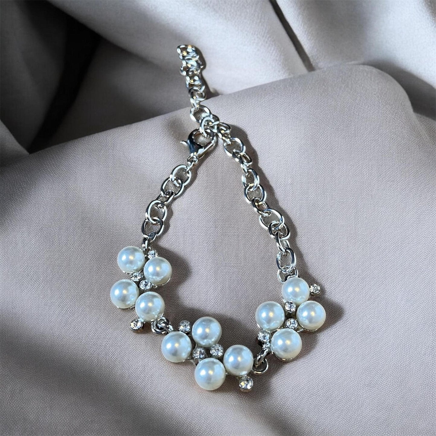 Ivory Pearl Cluster Jewelry Set, Bridal Necklace Bracelet Earrings, Silver-tone Crystal Accents