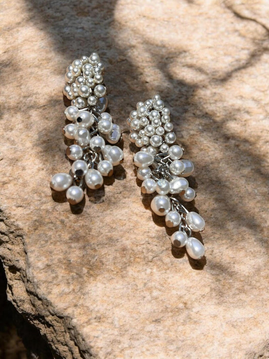 Pearl Cluster Drop Earrings, Statement Pearl Dangle Earrings, Bridal Earrings, Wedding Jewelry, Elegant Pearl Fringe Earrings