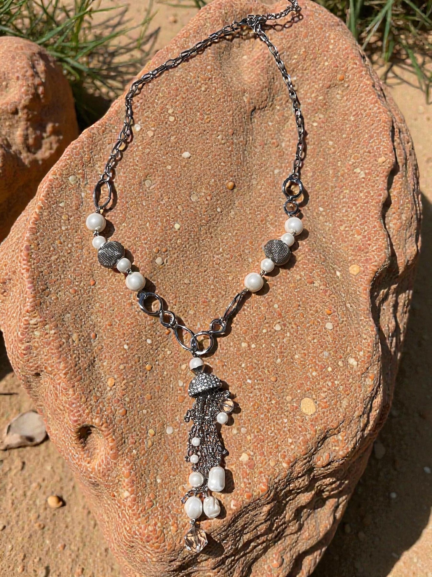 Crystal Pearl Tassel Necklace | Elegant Bridal Wedding Jewelry