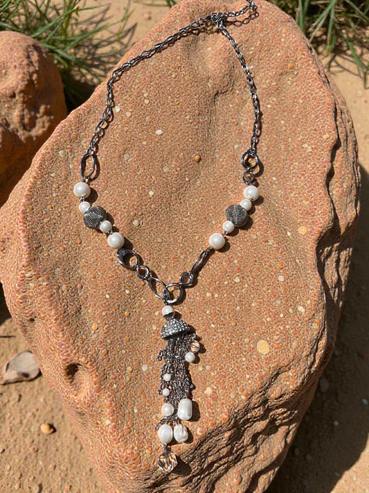 Crystal Pearl Tassel Necklace | Elegant Bridal Wedding Jewelry