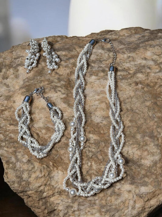 Ivory Pearl Jewelry Set, Bridal Necklace Bracelet Earrings, Woven Statement Set