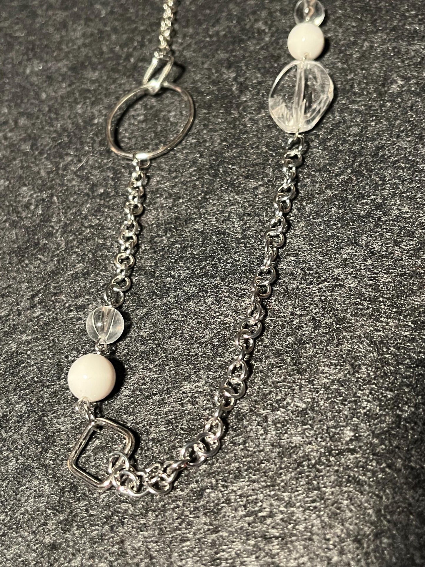 Long Silver Statement Necklace, Modern Geometric Necklace, Crystal Beaded Long Necklace, Minimalist Silver Chain Necklace, Everyday Chic