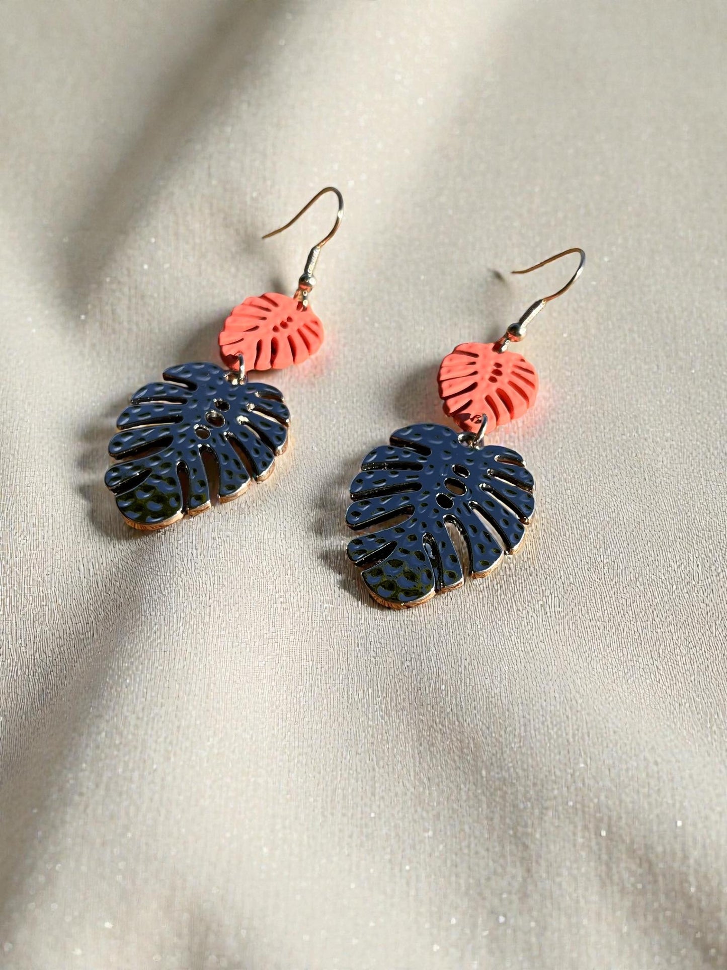 Palm Springs Leaf Drop Earrings | Orange & Hammered Silver Tropical Statement Earrings