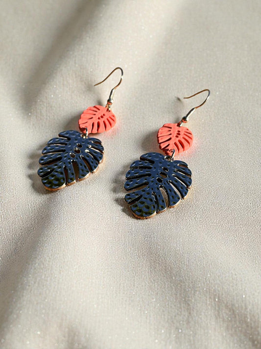 Palm Springs Leaf Drop Earrings | Orange & Hammered Silver Tropical Statement Earrings