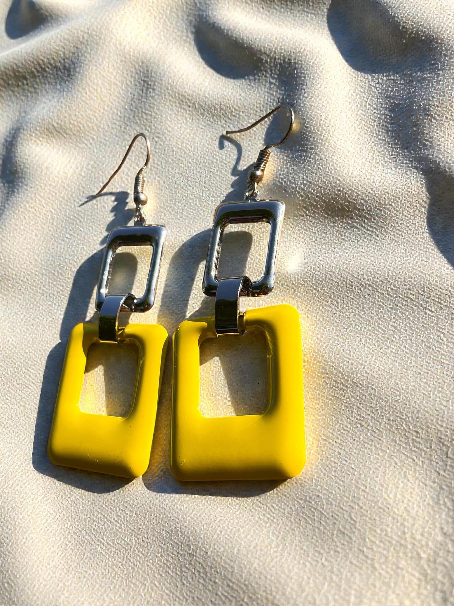 Modern Geometric Statement Earrings | 3” Lightweight Color Block Drop | Yellow & Silver Square Dangles