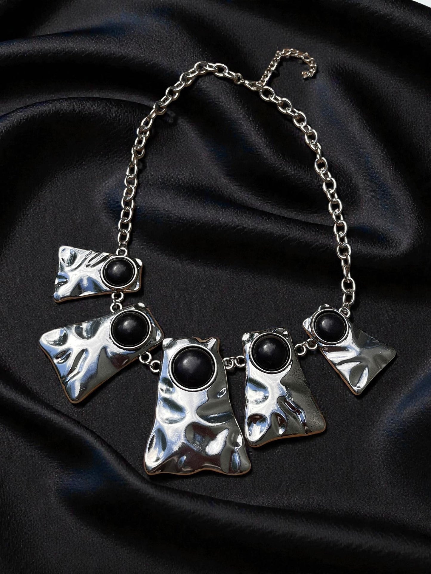 Bold Silver Statement Necklace | Black Stone Hammered Metal Necklace | Abstract Geometric Jewelry | Chunky Runway Necklace | Modern Art Jewe