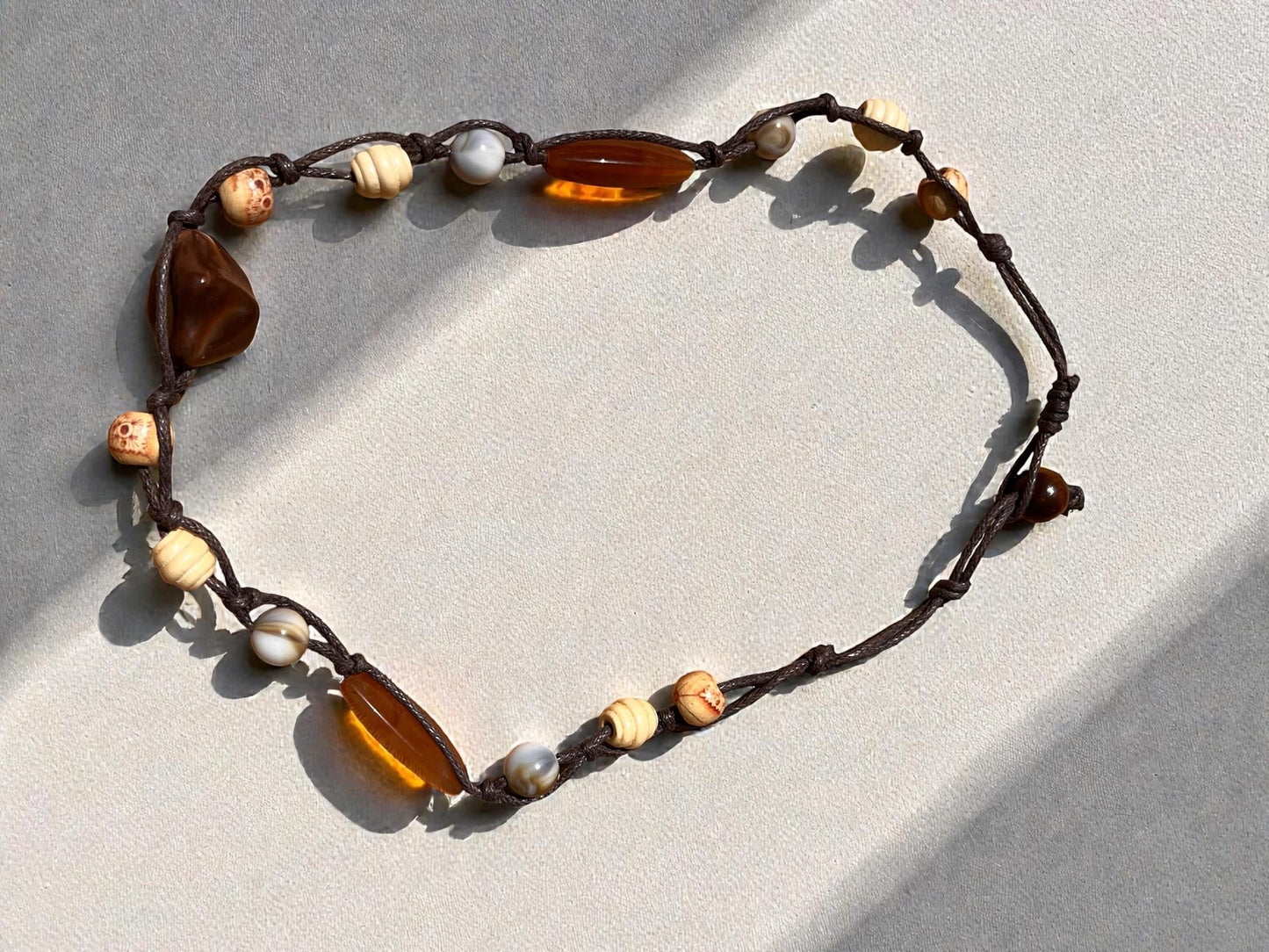 Earthy Boho Beaded Necklace | Adjustable Cord Necklace | Natural Stone & Wood Bead Jewelry | Artisan Bohemian Necklace
