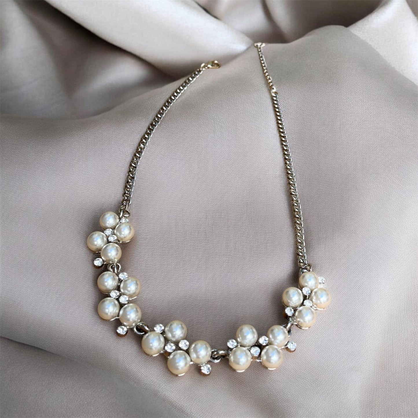Ivory Pearl Cluster Jewelry Set, Bridal Necklace Bracelet Earrings, Silver-tone Crystal Accents
