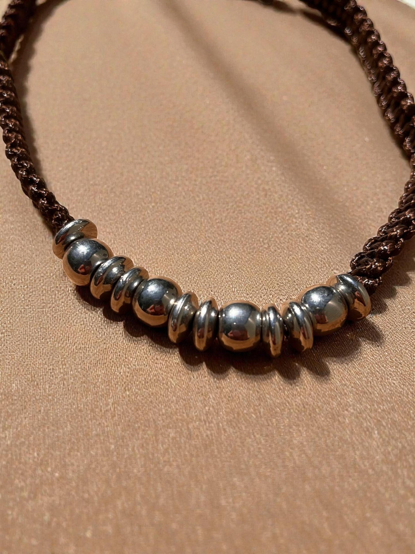 Brown Braided Cord Necklace | Silver Bead Boho Necklace | Minimalist Unisex Jewelry | Rustic  Cord Necklace