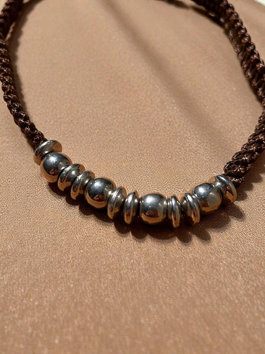 Brown Braided Cord Necklace | Silver Bead Boho Necklace | Minimalist Unisex Jewelry | Rustic  Cord Necklace