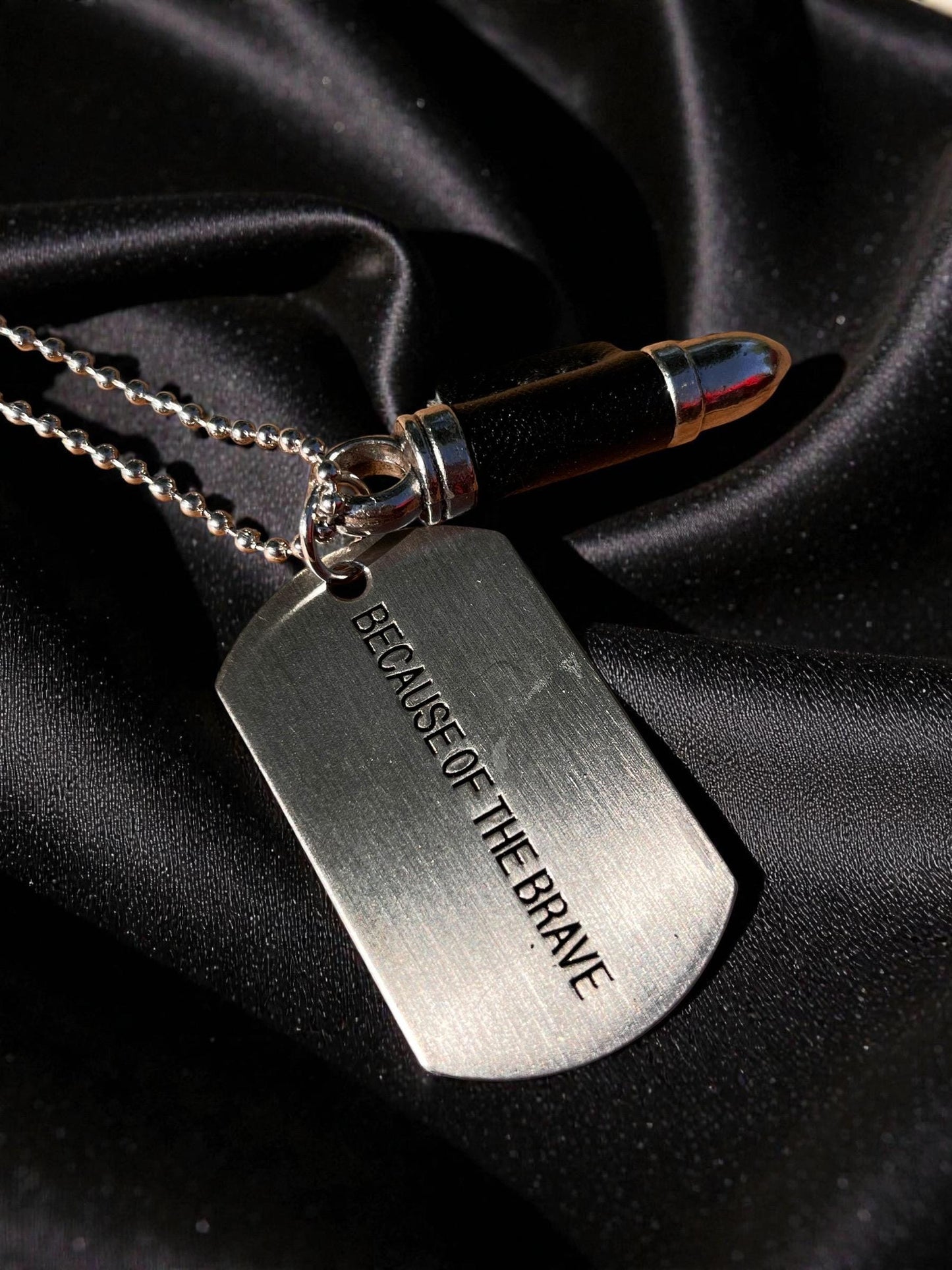 Because of the Brave Bullet & Dog Tag Necklace | Military Inspired Silver Pendant Necklace | Patriotic Unisex Jewelry | Memorial Gift