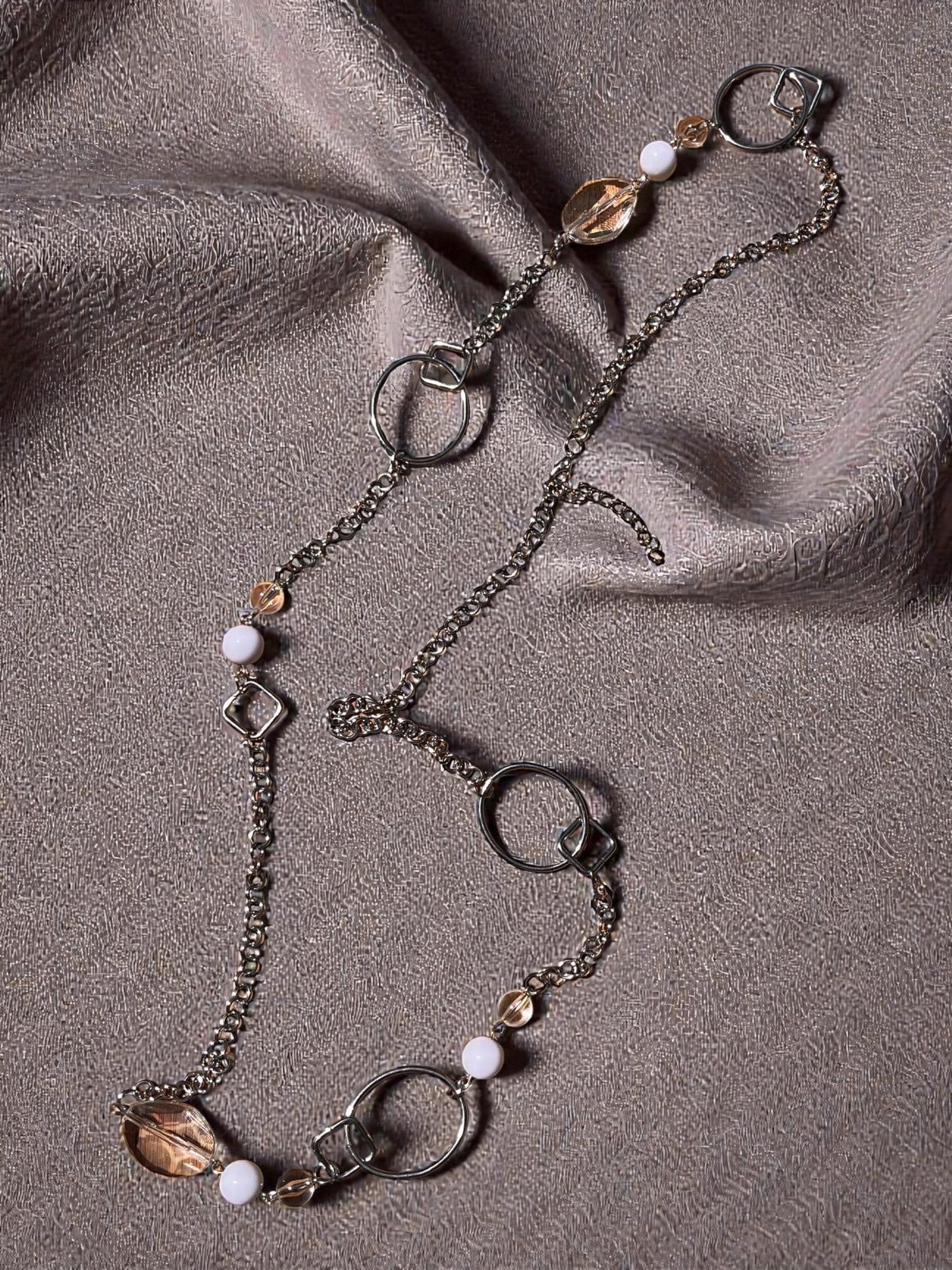 Long Silver Statement Necklace, Modern Geometric Necklace, Crystal Beaded Long Necklace, Minimalist Silver Chain Necklace, Everyday Chic