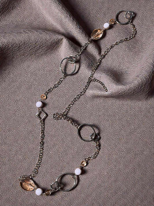 Long Silver Statement Necklace, Modern Geometric Necklace, Crystal Beaded Long Necklace, Minimalist Silver Chain Necklace, Everyday Chic