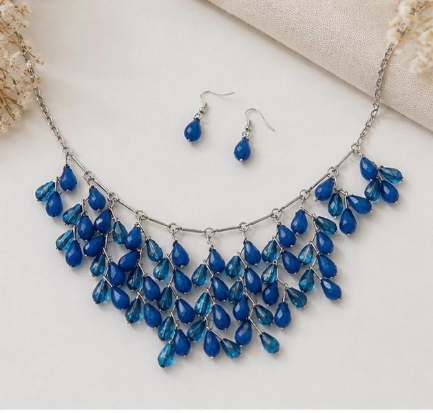 Layered Blue Teardrop Bib Necklace and Earrings Set | Boho Evening Jewelry
