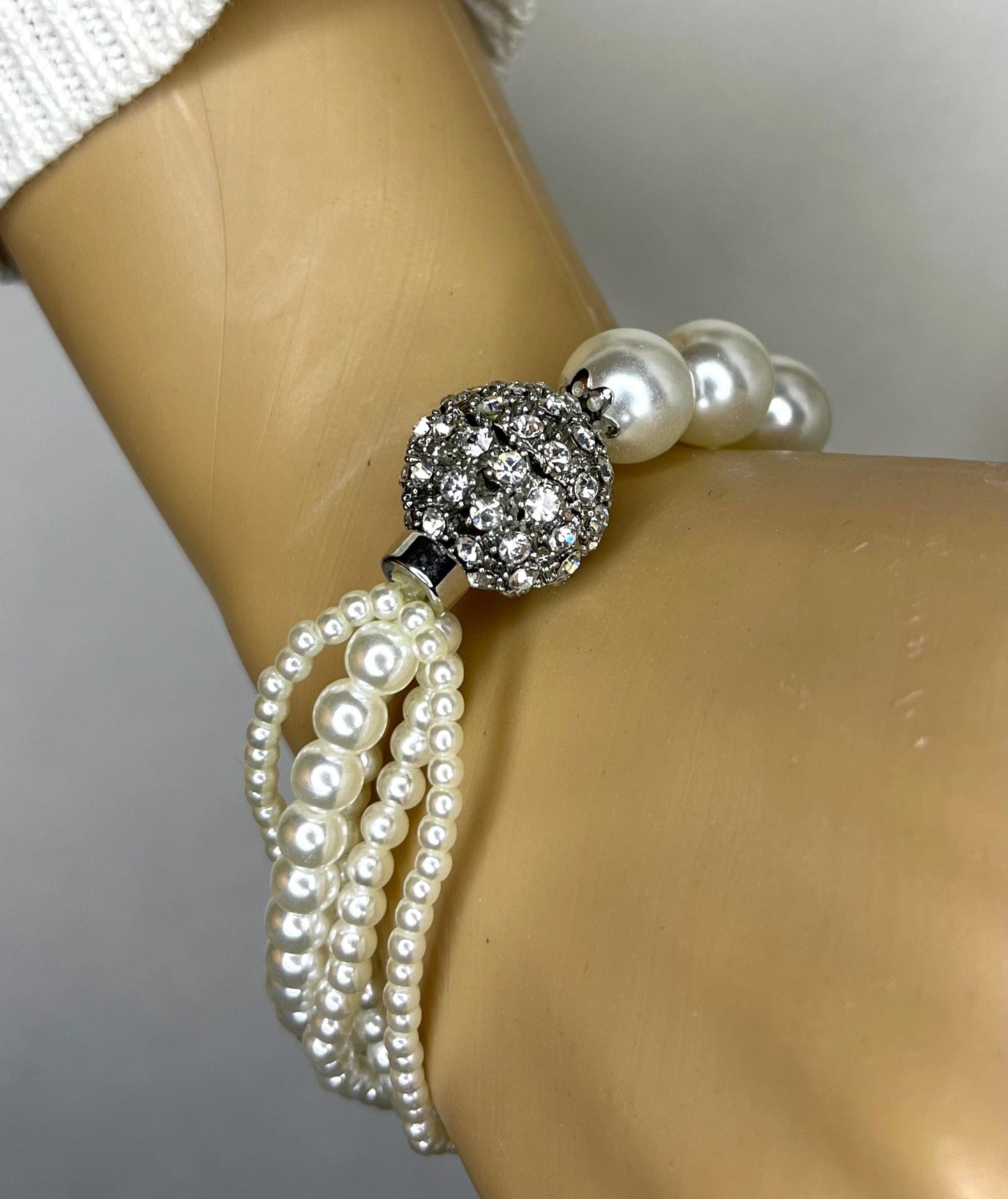 Pearl Statement Bracelet with Rhinestones | Bridal Pearl Bracelet | Vintage Glam Wedding Jewelry | Multi Strand Pearl Elegant Bracelet