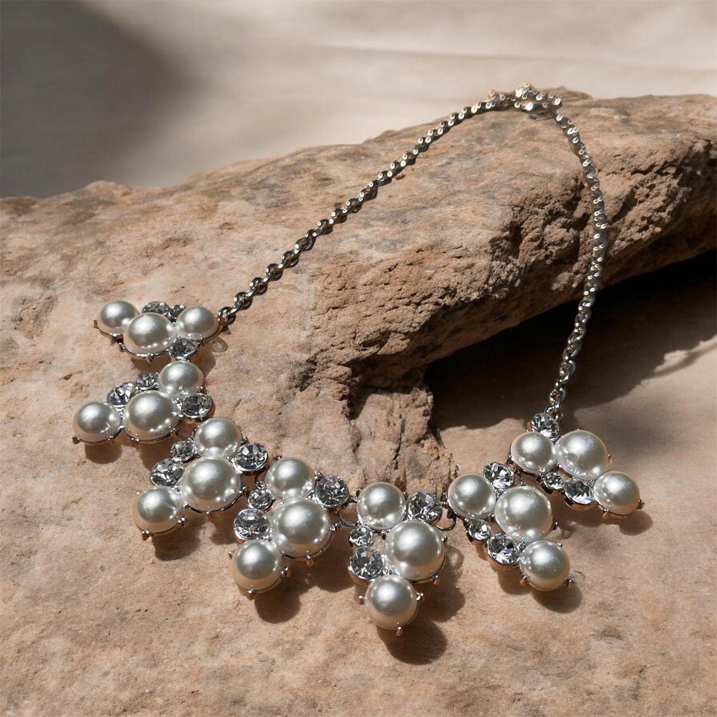 Pearl Bridal Jewelry Set, Necklace  Bracelet, Rhinestone Accents, Silver Tone