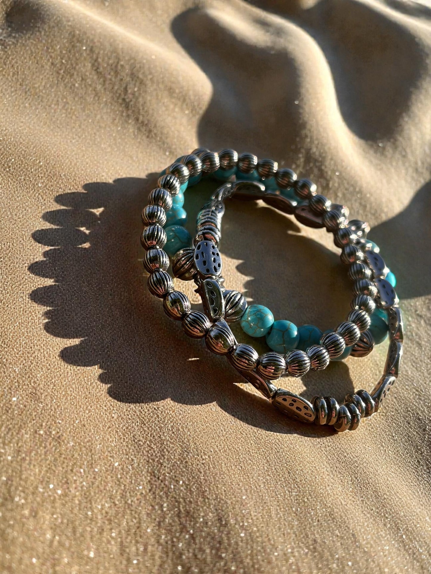 Turquoise Beaded Bracelet Set, 3 Piece Silver Stack, Boho Southwestern Jewelry, Stretch Bracelets, Layered Bracelet Set, Gift for Her