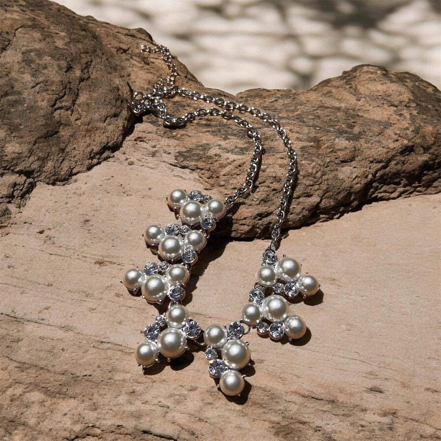 Pearl Bridal Jewelry Set, Necklace  Bracelet, Rhinestone Accents, Silver Tone