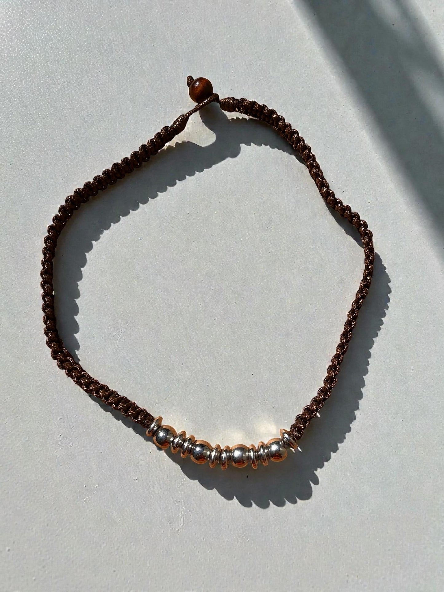 Brown Braided Cord Necklace | Silver Bead Boho Necklace | Minimalist Unisex Jewelry | Rustic  Cord Necklace