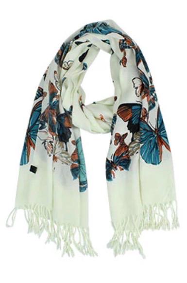 Butterfly Print Scarf, XL Pashmina Shawl Wrap, Lightweight Spring Scarf, Floral Boho Wrap, Gift for Her, Soft Fringe Scarf