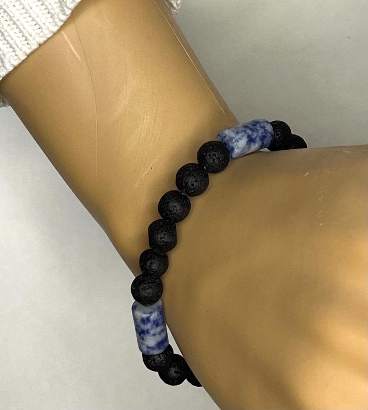 Black Lava Stone Bracelet with Blue Sodalite Style Beads, Men’s Stretch Bracelet, Unisex Minimalist Jewelry, Grounding Stone Gift