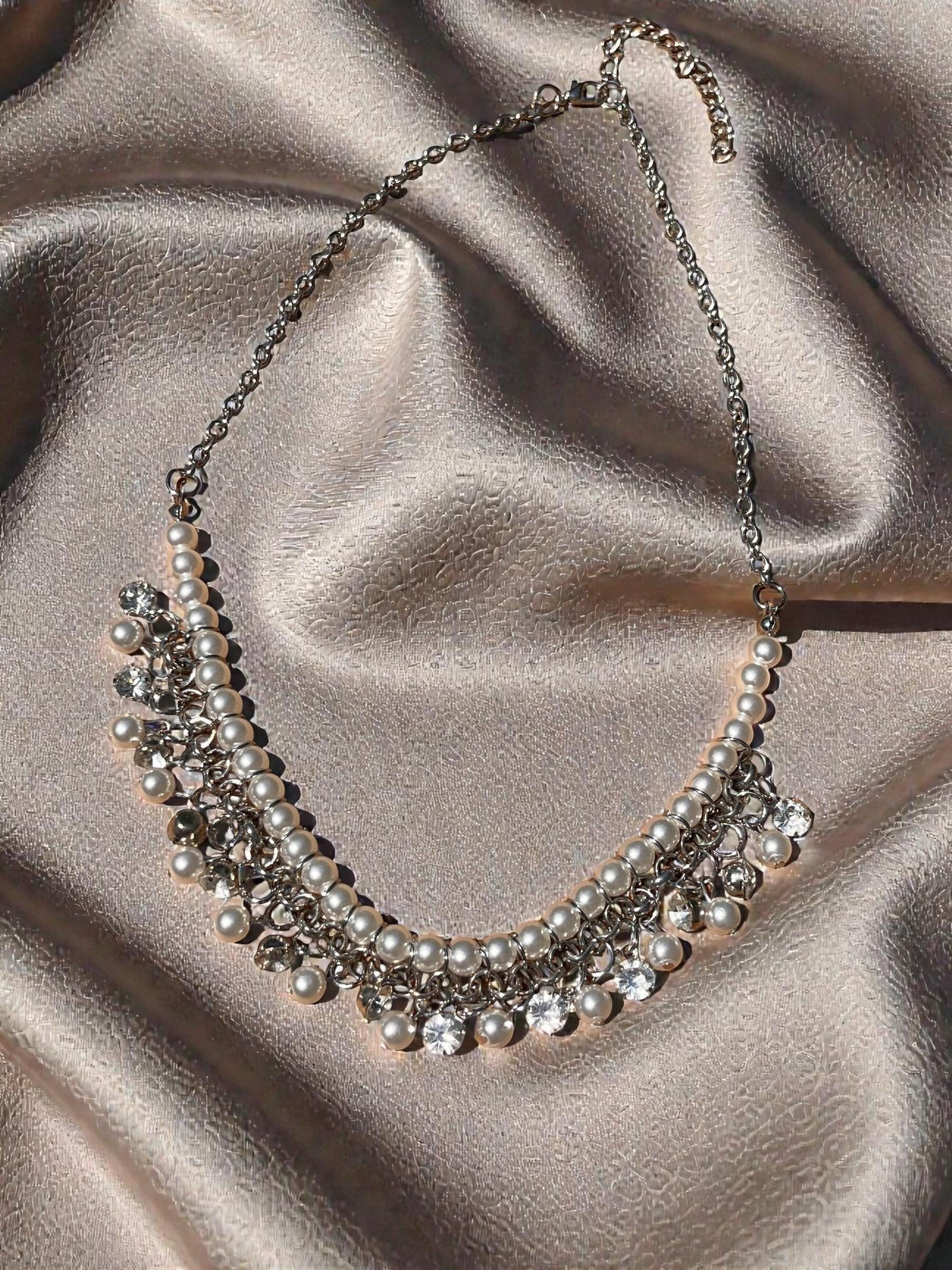 Pearl Bridal Jewelry Set, Necklace Earrings Bracelet, Rhinestone Elegant Wedding Accessory