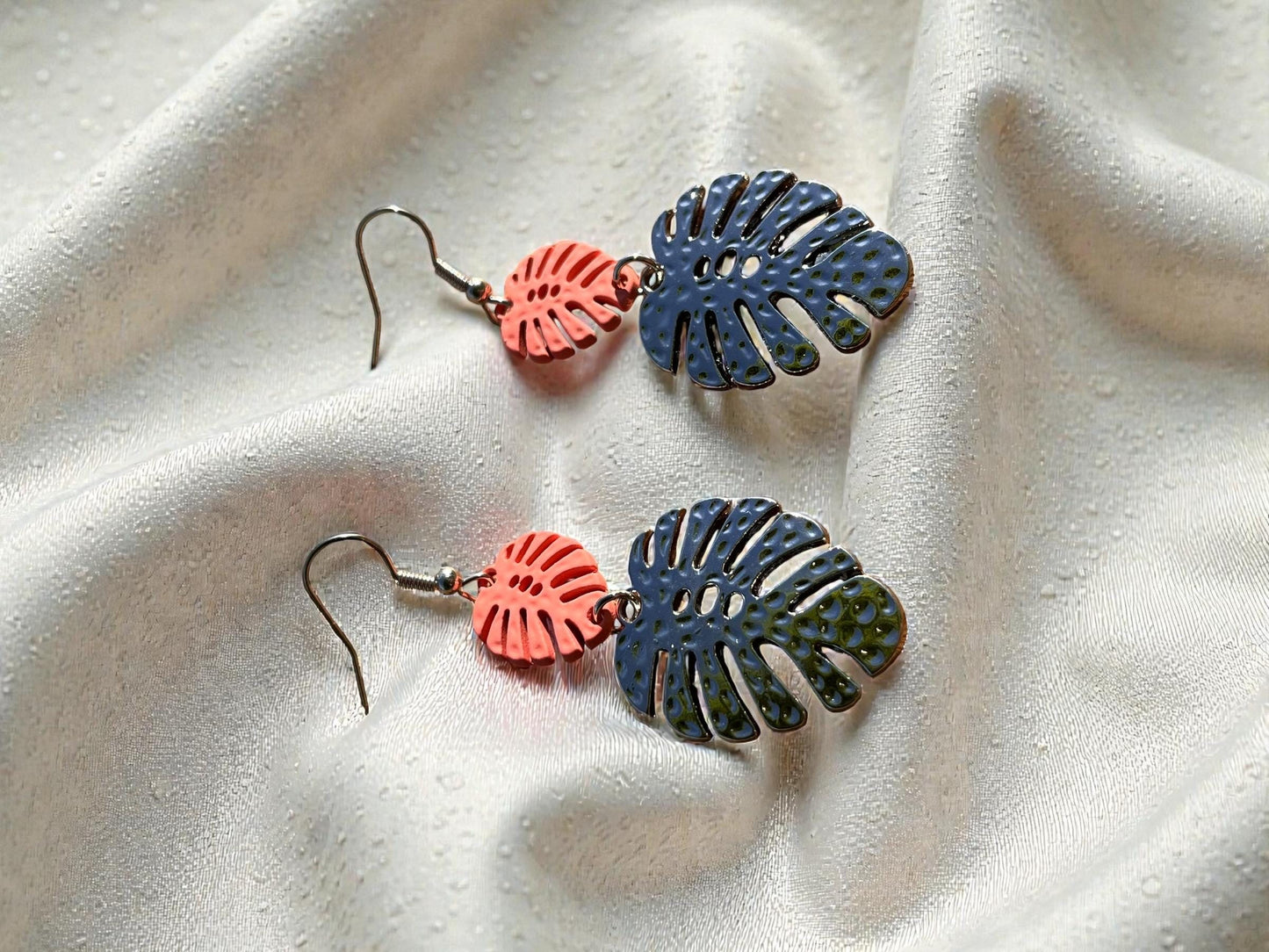 Palm Springs Leaf Drop Earrings | Orange & Hammered Silver Tropical Statement Earrings
