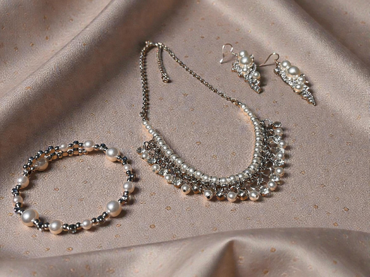 Pearl Bridal Jewelry Set, Necklace Earrings Bracelet, Rhinestone Elegant Wedding Accessory