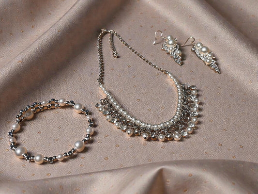 Pearl Bridal Jewelry Set, Necklace Earrings Bracelet, Rhinestone Elegant Wedding Accessory
