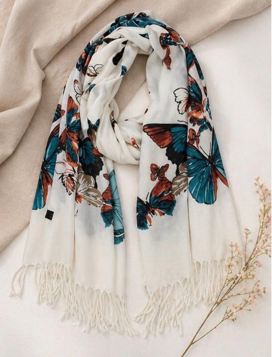 Butterfly Print Scarf, XL Pashmina Shawl Wrap, Lightweight Spring Scarf, Floral Boho Wrap, Gift for Her, Soft Fringe Scarf