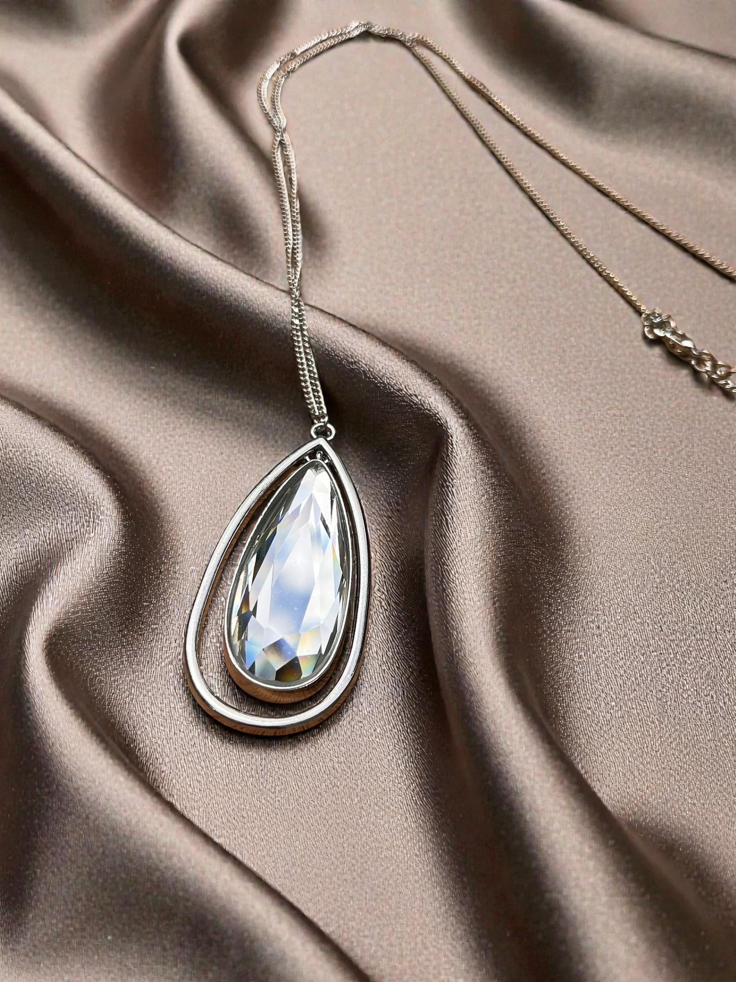 Large Teardrop Crystal Pendant Necklace, Boho Silver Statement Chain