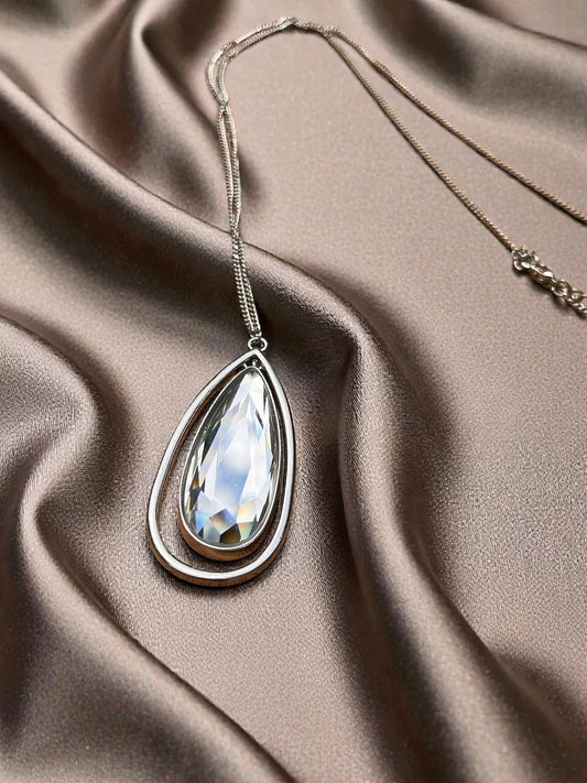 Large Teardrop Crystal Pendant Necklace, Boho Silver Statement Chain