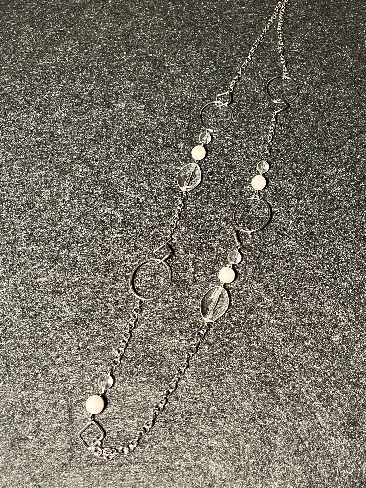 Long Silver Statement Necklace, Modern Geometric Necklace, Crystal Beaded Long Necklace, Minimalist Silver Chain Necklace, Everyday Chic