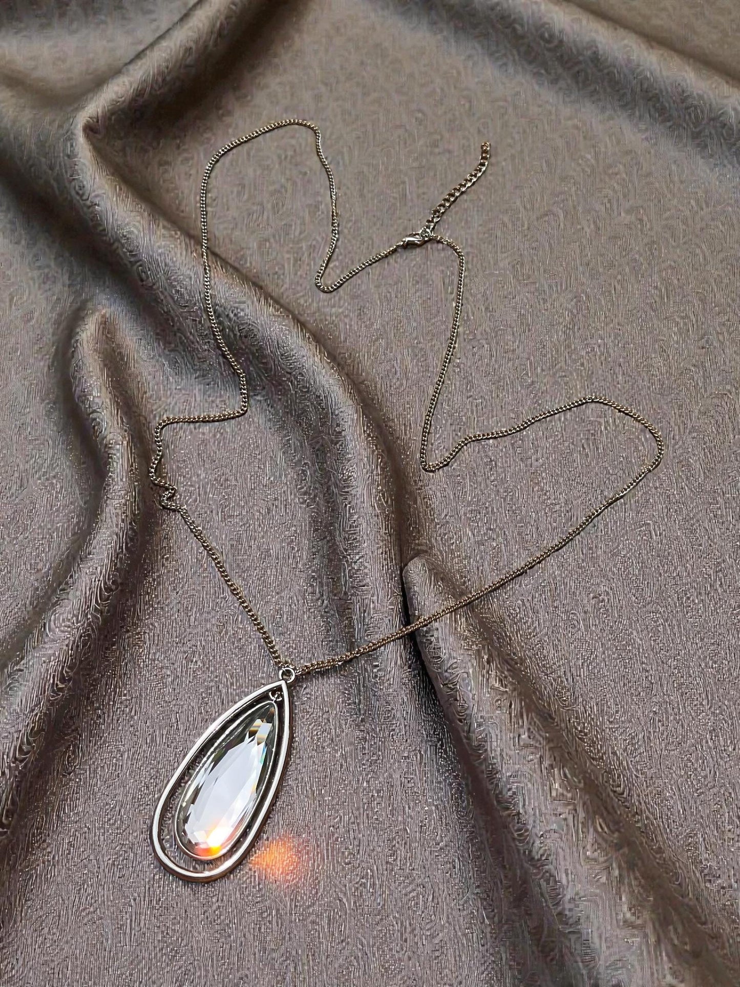 Large Teardrop Crystal Pendant Necklace, Boho Silver Statement Chain
