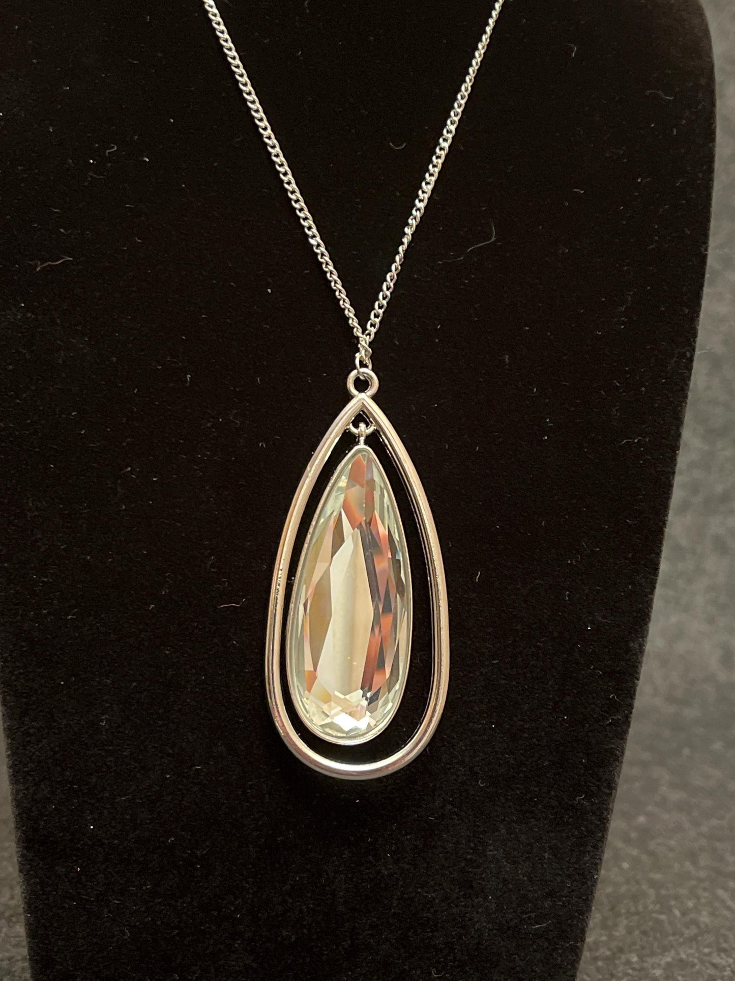 Large Teardrop Crystal Pendant Necklace, Boho Silver Statement Chain